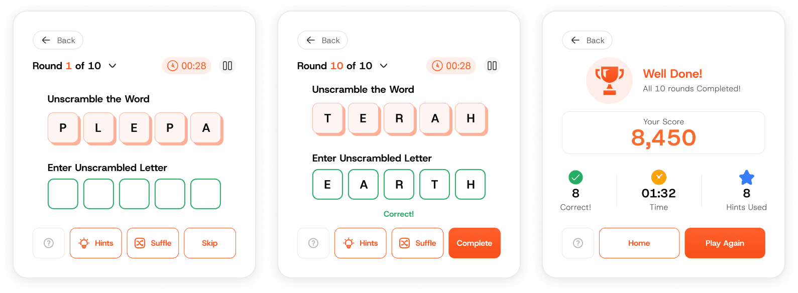 Three Scramble Rush game screens: an active round with scrambled letter tiles to rearrange, a solved round marked correct, and the results screen showing final score, correct answers, time, and hints used.